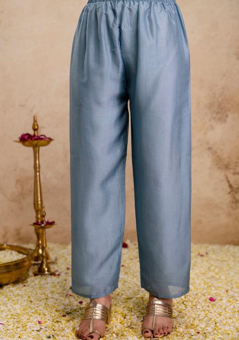 Sky Blue Sequin Work Silk Kurta Set - Indya