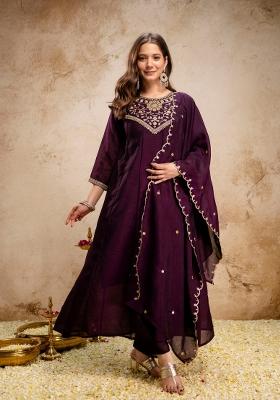Wine Sequin Work Silk Kurta Set
