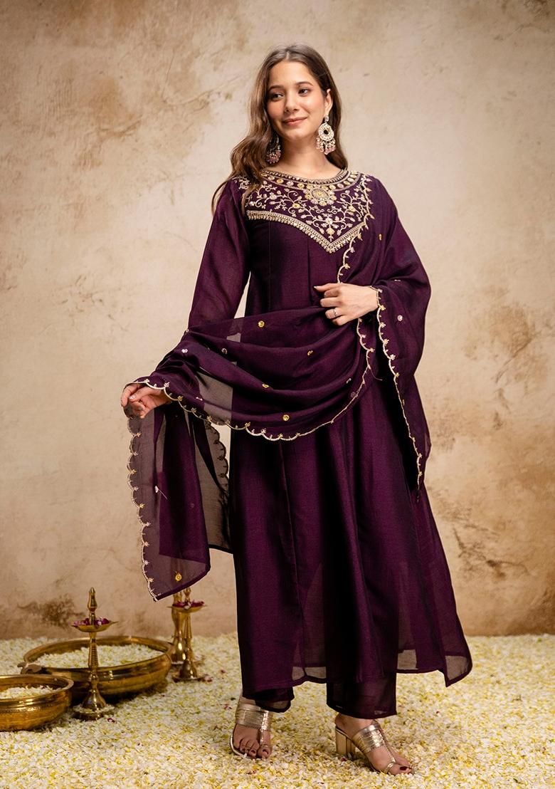 Wine Sequin Work Silk Kurta Set - Indya