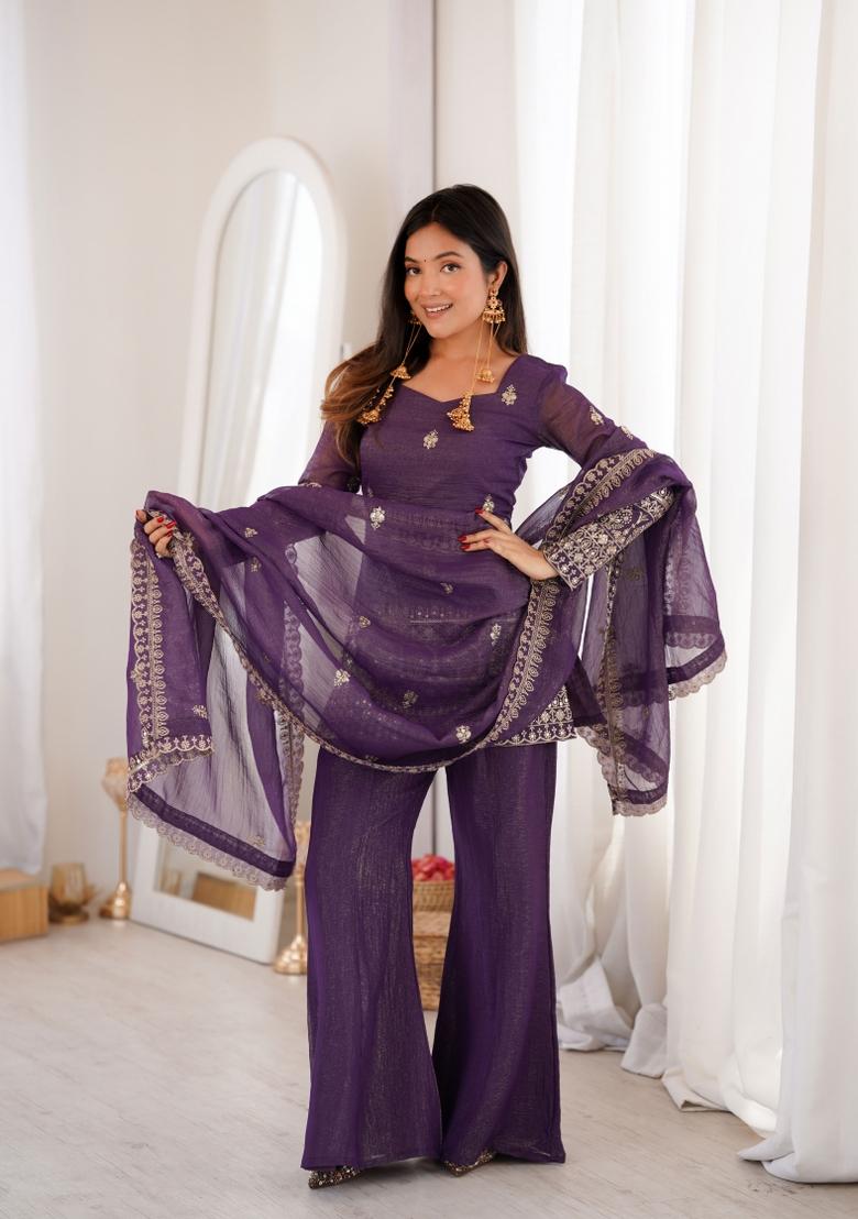 Purple Sequin Work Silk Palazzo Set - Indya