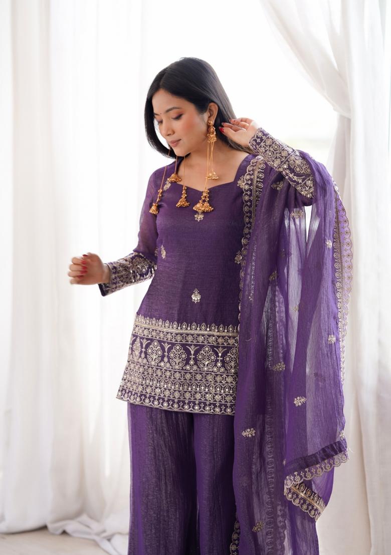 Purple Sequin Work Silk Palazzo Set - Indya