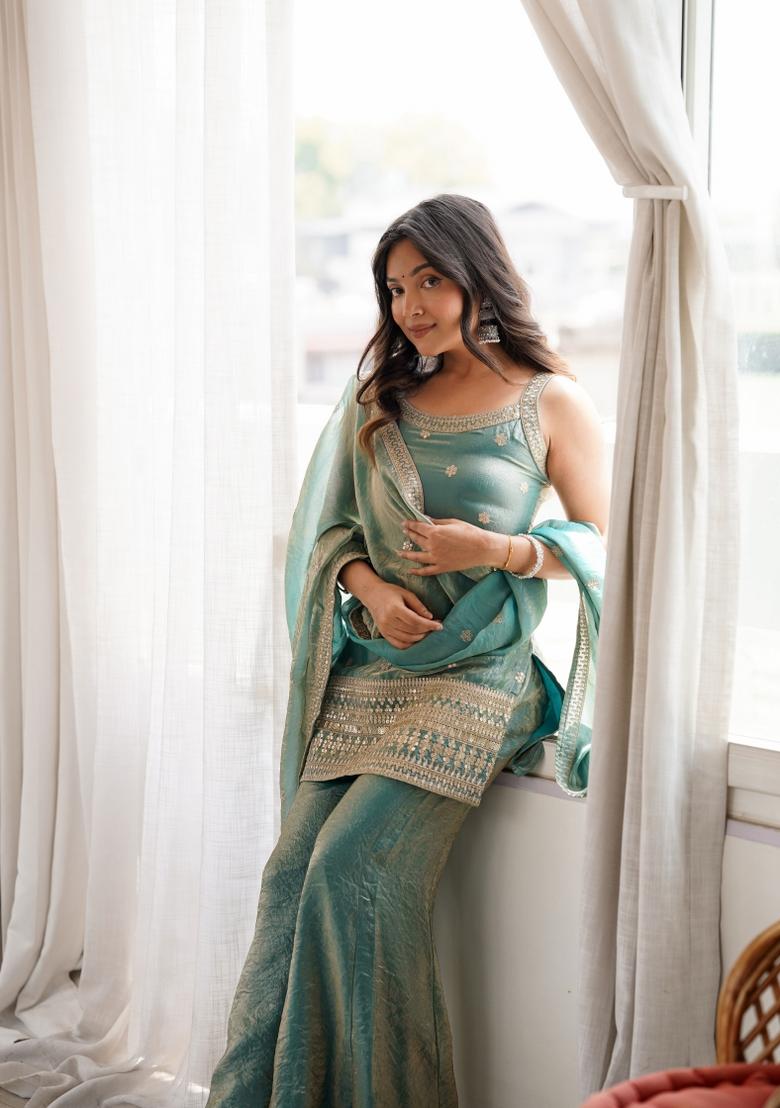 Sea Green Sequin Work Silk Palazzo Set - Indya