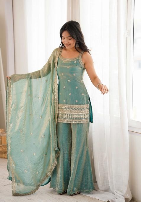Sea Green Sequin Work Silk Palazzo Set