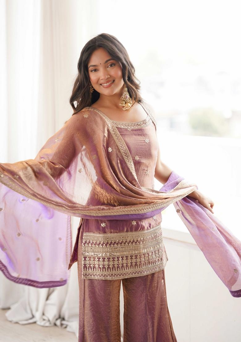 Purple Sequin Work Silk Palazzo Set - Indya