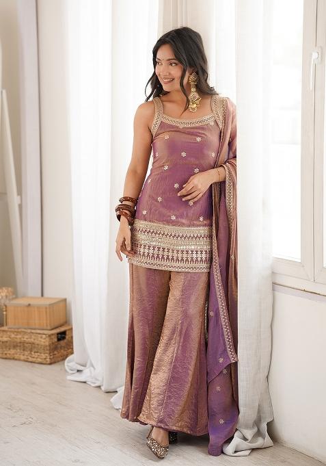Purple Sequin Work Silk Palazzo Set