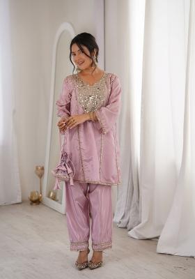 Pink Embroidered H O Fabrics Kurta Set