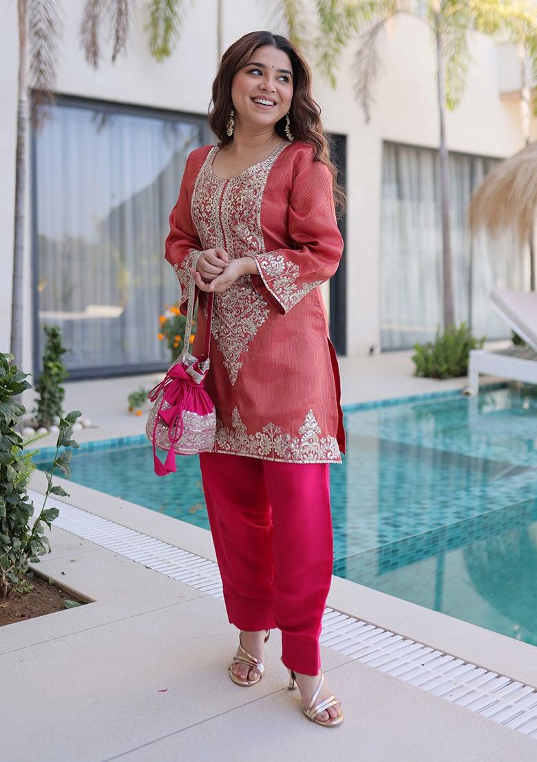 Peach Sequin Work Viscose Kurta Set - Indya