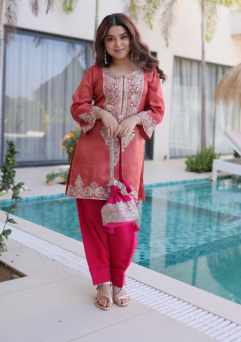 Peach Sequin Work Viscose Kurta Set - Indya