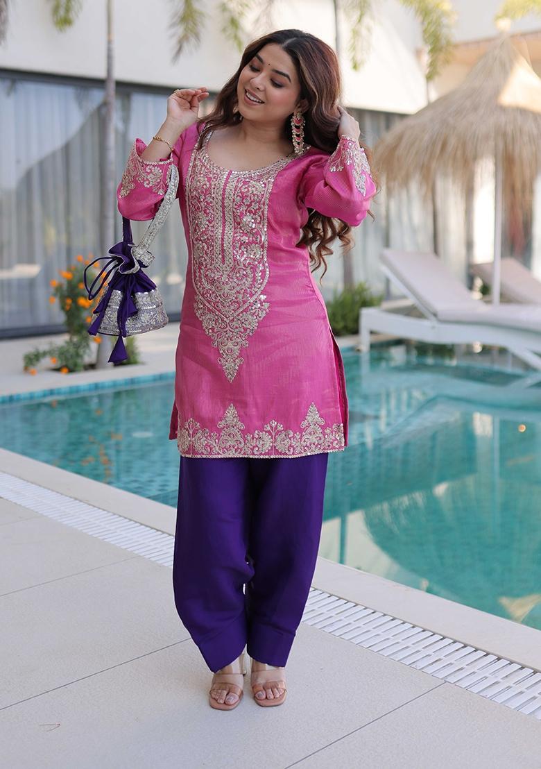Pink Sequin Work Viscose Kurta Set - Indya