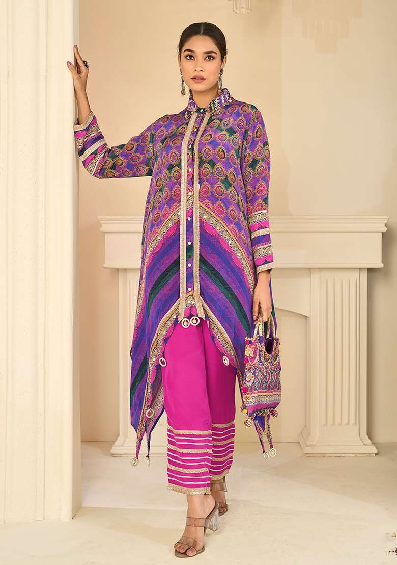 Multicolor Printed Silk Kurta Set - Indya