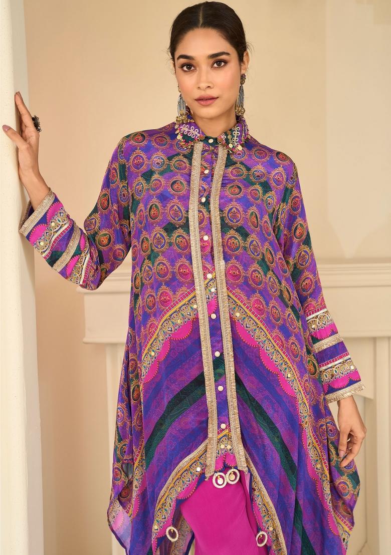 Multicolor Printed Silk Kurta Set - Indya