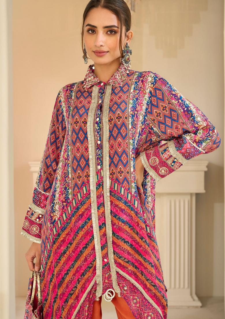 Multicolor Printed Silk Kurta Set - Indya