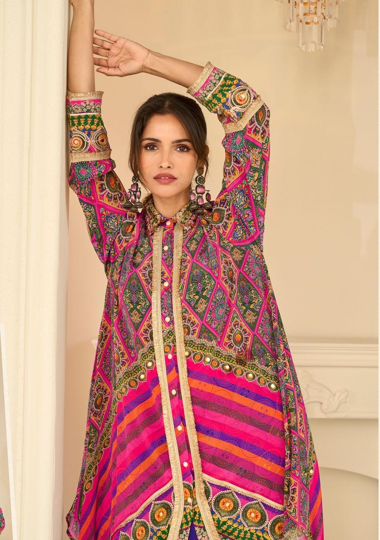 Multicolor Printed Silk Kurta Set - Indya