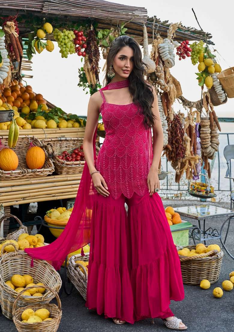 Fuchsia Pink Sequin Work Georgette Sharara Set - Indya