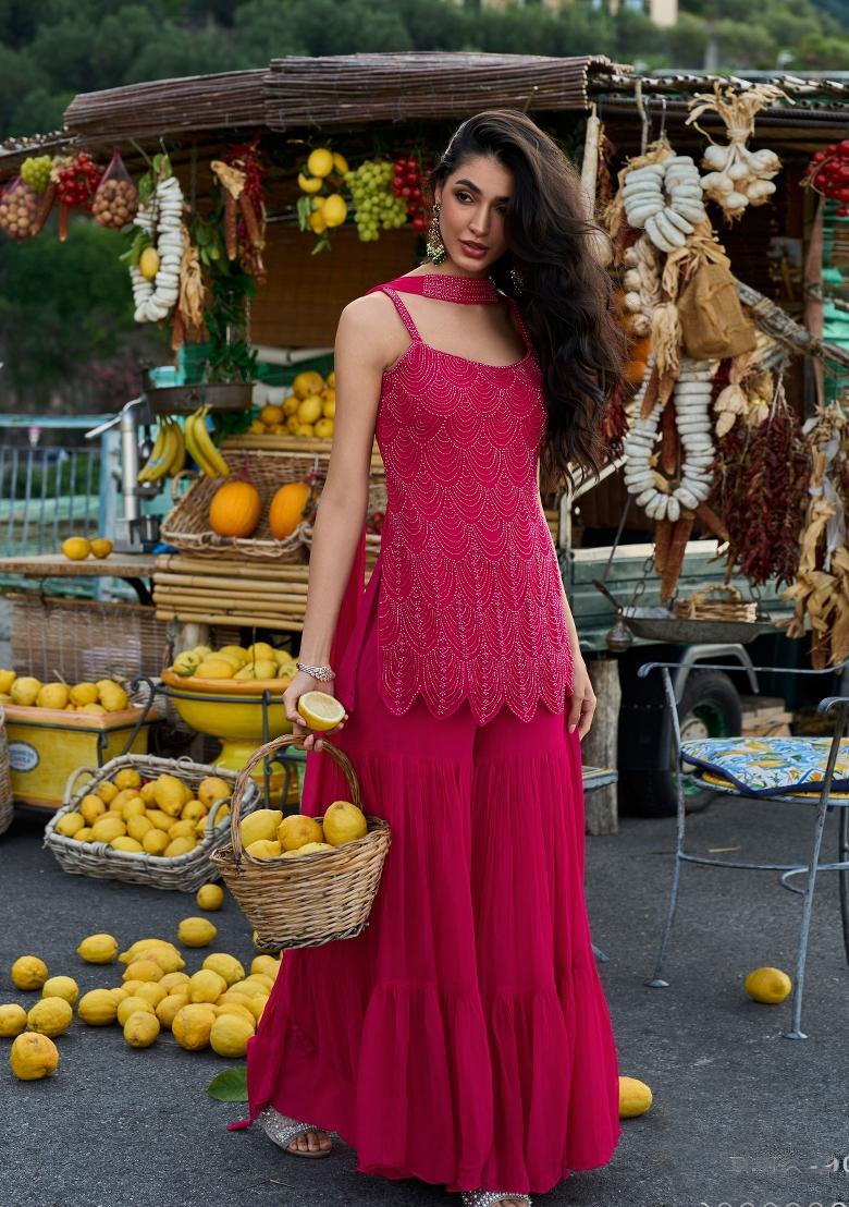 Fuchsia Pink Sequin Work Georgette Sharara Set - Indya