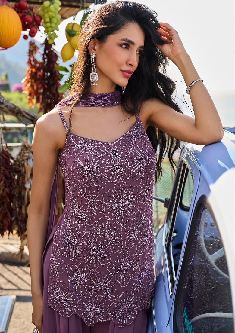 Deep Purple Embroidered Georgette Palazzo Set - Indya