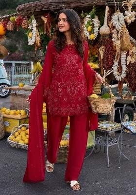 Maroon Red Thread Work Georgette Kurta Set