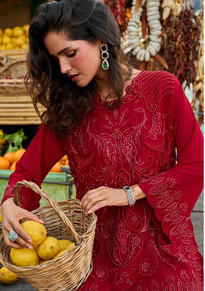 Maroon Red Thread Work Georgette Kurta Set - Indya
