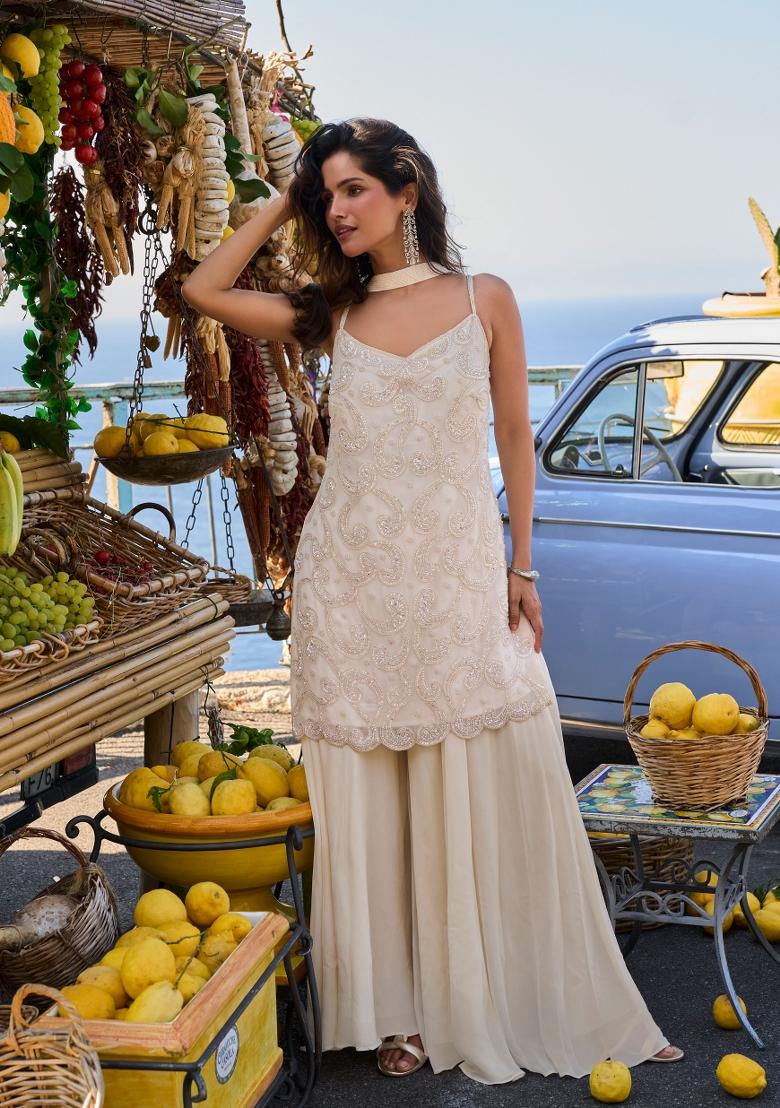 Ivory Cream Sequin Work Georgette Palazzo Set - Indya