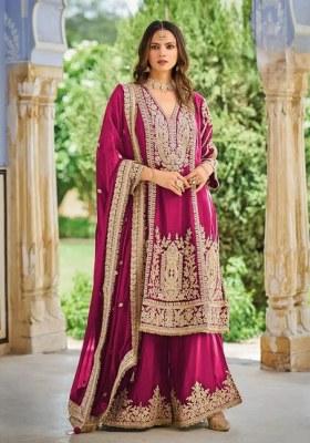 Rani Pink Embroidered Silk Kurta Set