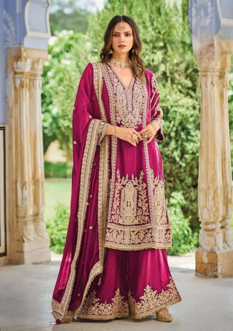 Rani Pink Embroidered Silk Kurta Set - Indya