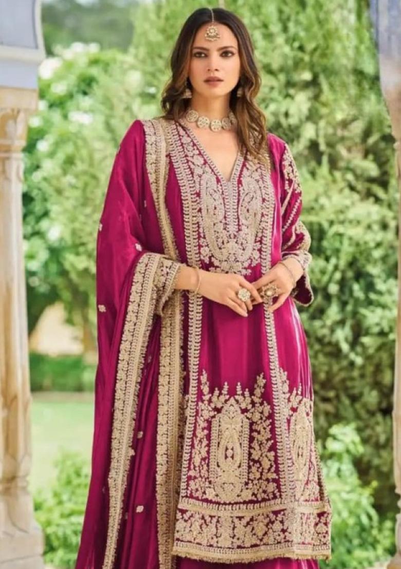 Rani Pink Embroidered Silk Kurta Set - Indya