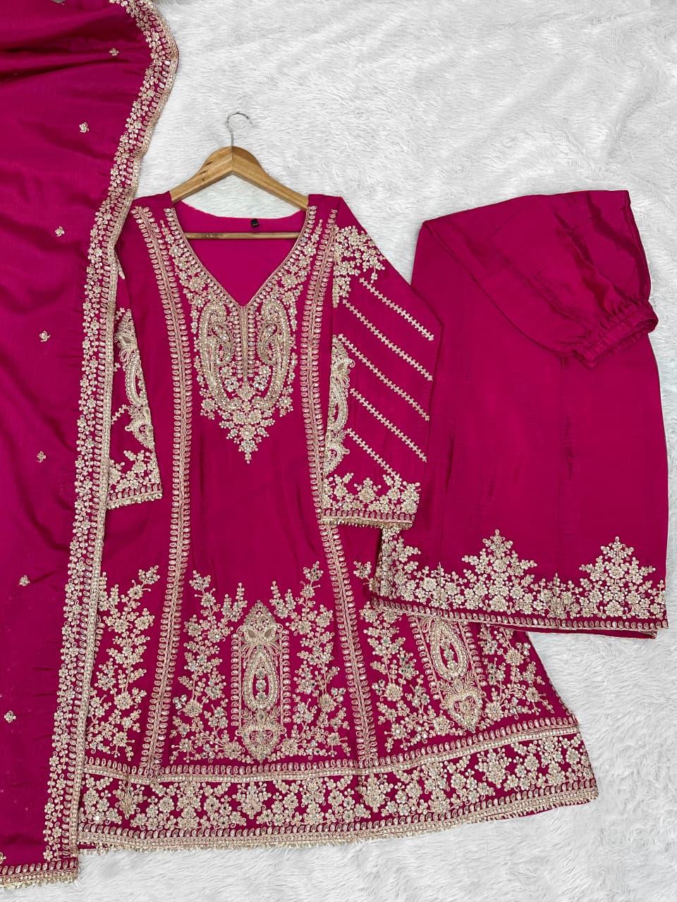 Rani Pink Embroidered Silk Kurta Set - Indya