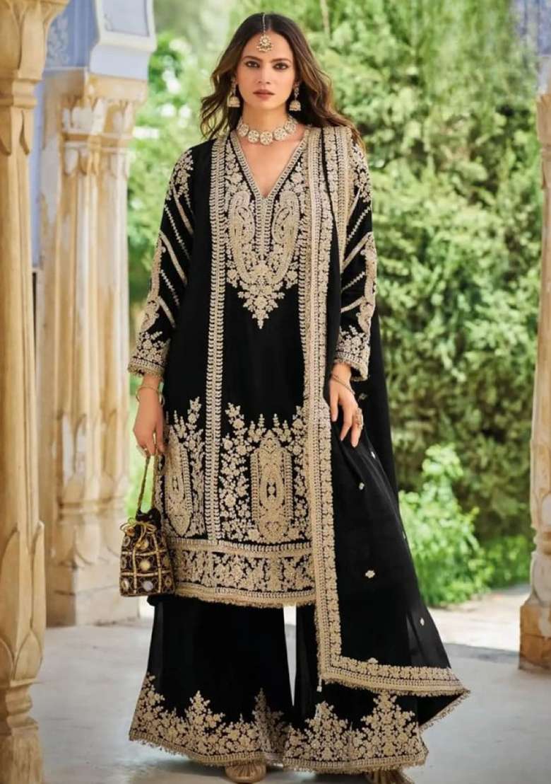 Black Embroidered Silk Kurta Set - Indya