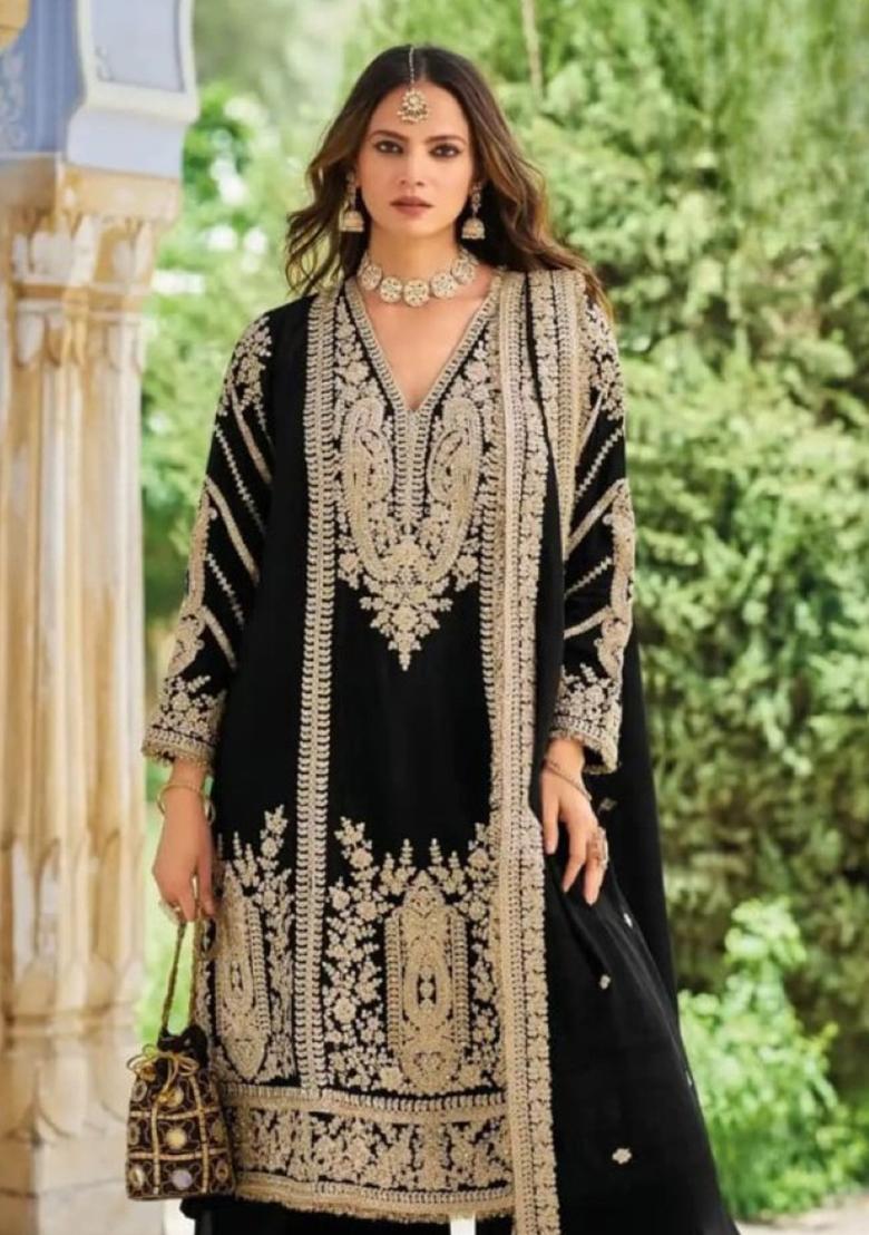 Black Embroidered Silk Kurta Set - Indya