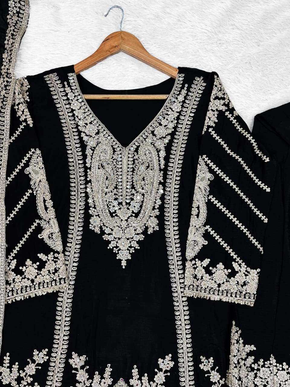 Black Embroidered Silk Kurta Set - Indya