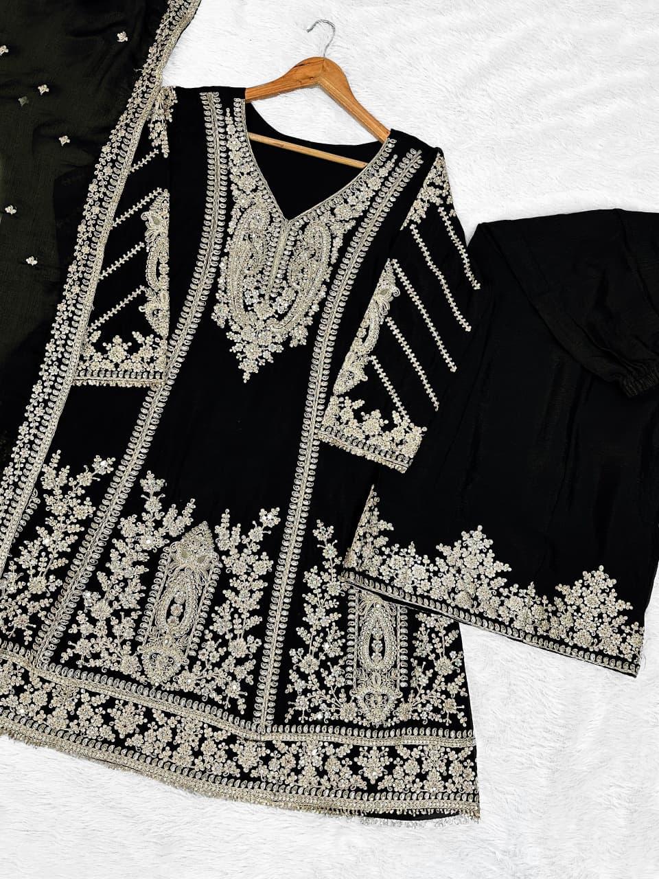Black Embroidered Silk Kurta Set - Indya