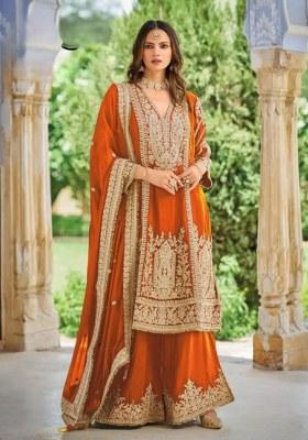 Orange Embroidered Silk Kurta Set