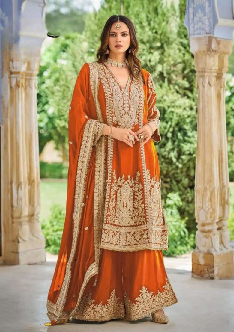 Orange Embroidered Silk Kurta Set - Indya