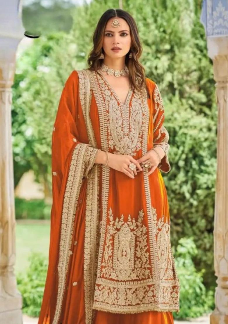 Orange Embroidered Silk Kurta Set - Indya