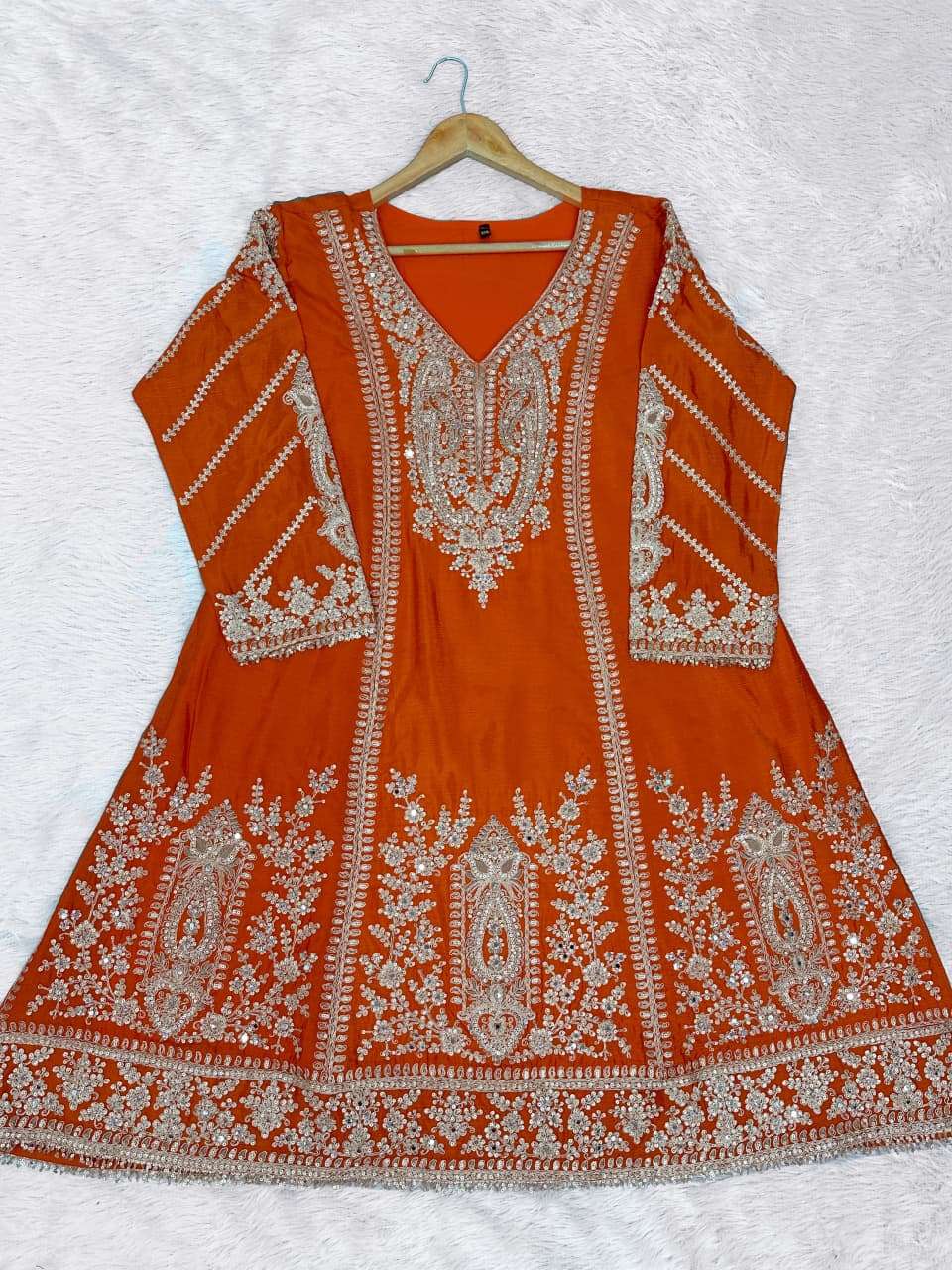 Orange Embroidered Silk Kurta Set - Indya