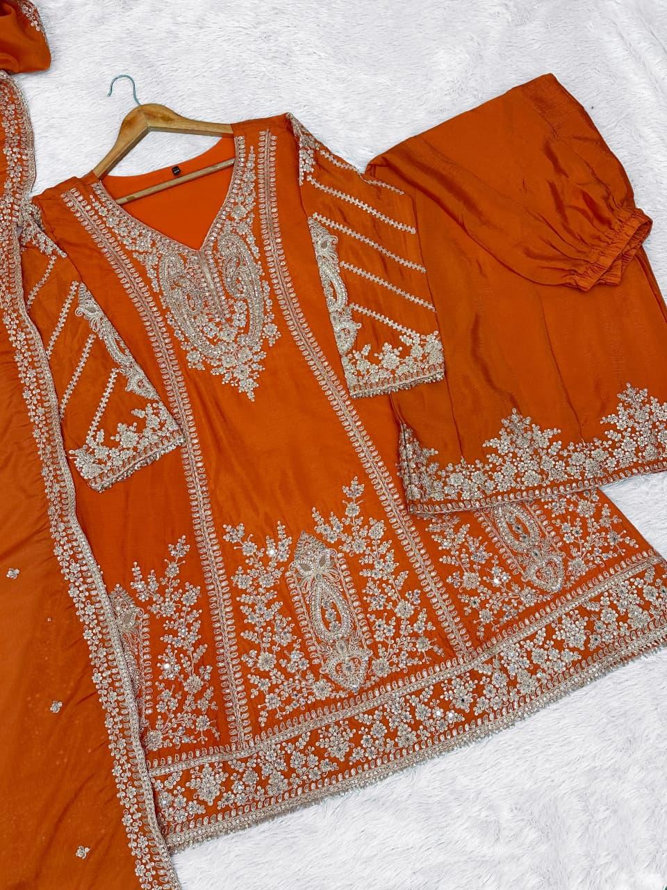 Orange Embroidered Silk Kurta Set - Indya