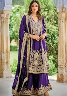 Violet Embroidered Silk Kurta Set