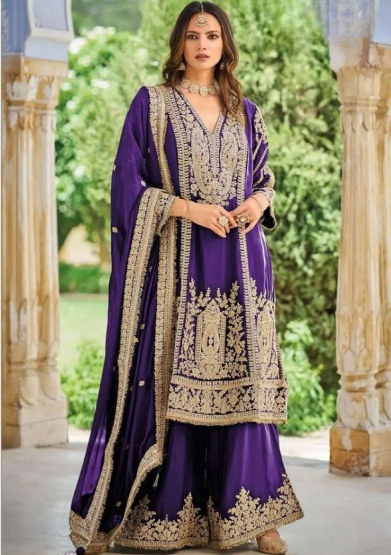 Violet Embroidered Silk Kurta Set - Indya
