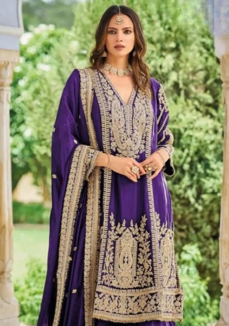 Violet Embroidered Silk Kurta Set - Indya