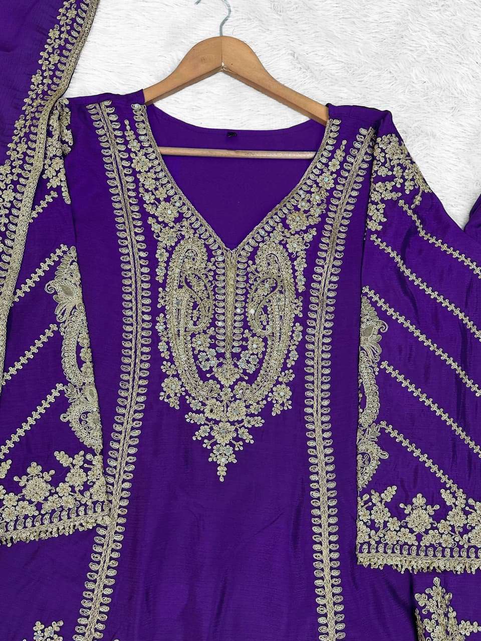 Violet Embroidered Silk Kurta Set - Indya