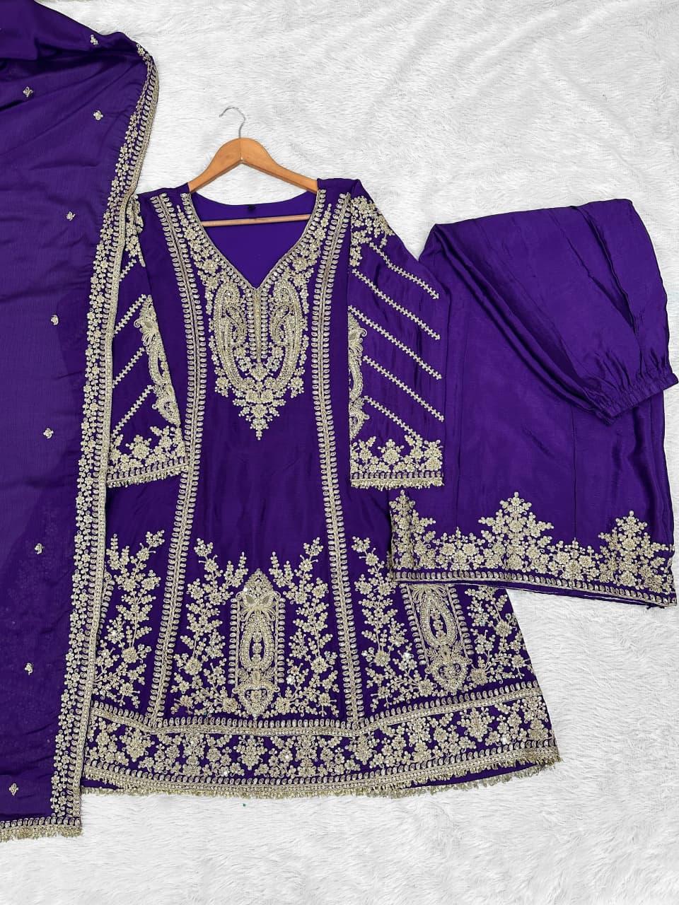 Violet Embroidered Silk Kurta Set - Indya
