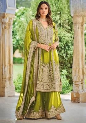 Olive Embroidered Silk Kurta Set