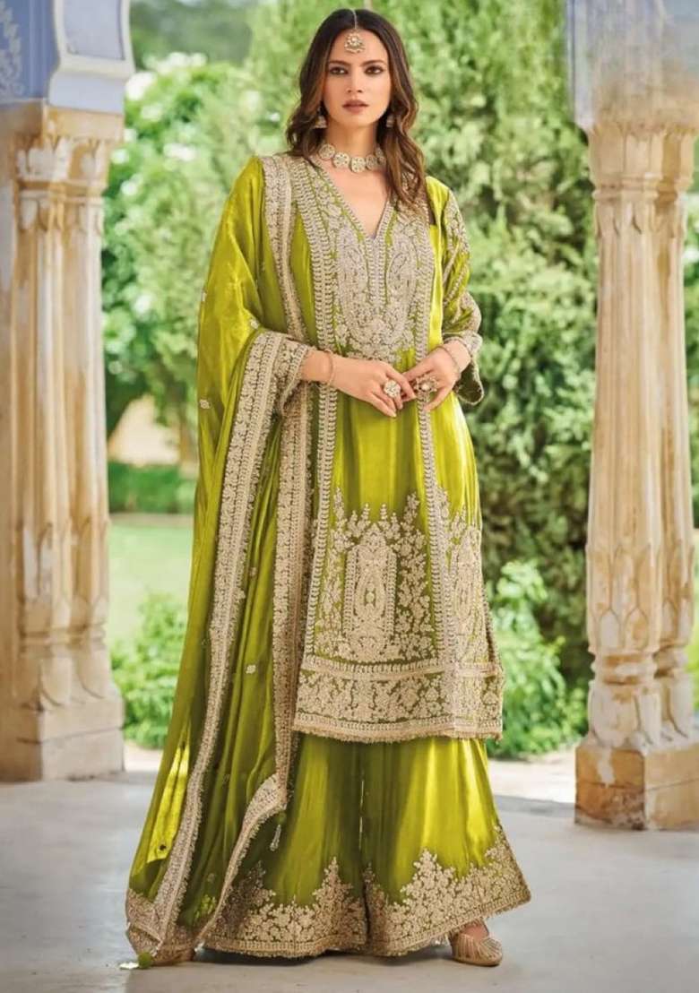 Olive Embroidered Silk Kurta Set - Indya