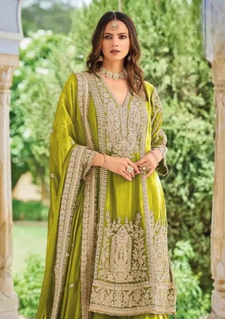 Olive Embroidered Silk Kurta Set - Indya