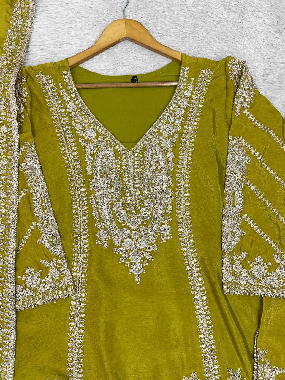 Olive Embroidered Silk Kurta Set - Indya
