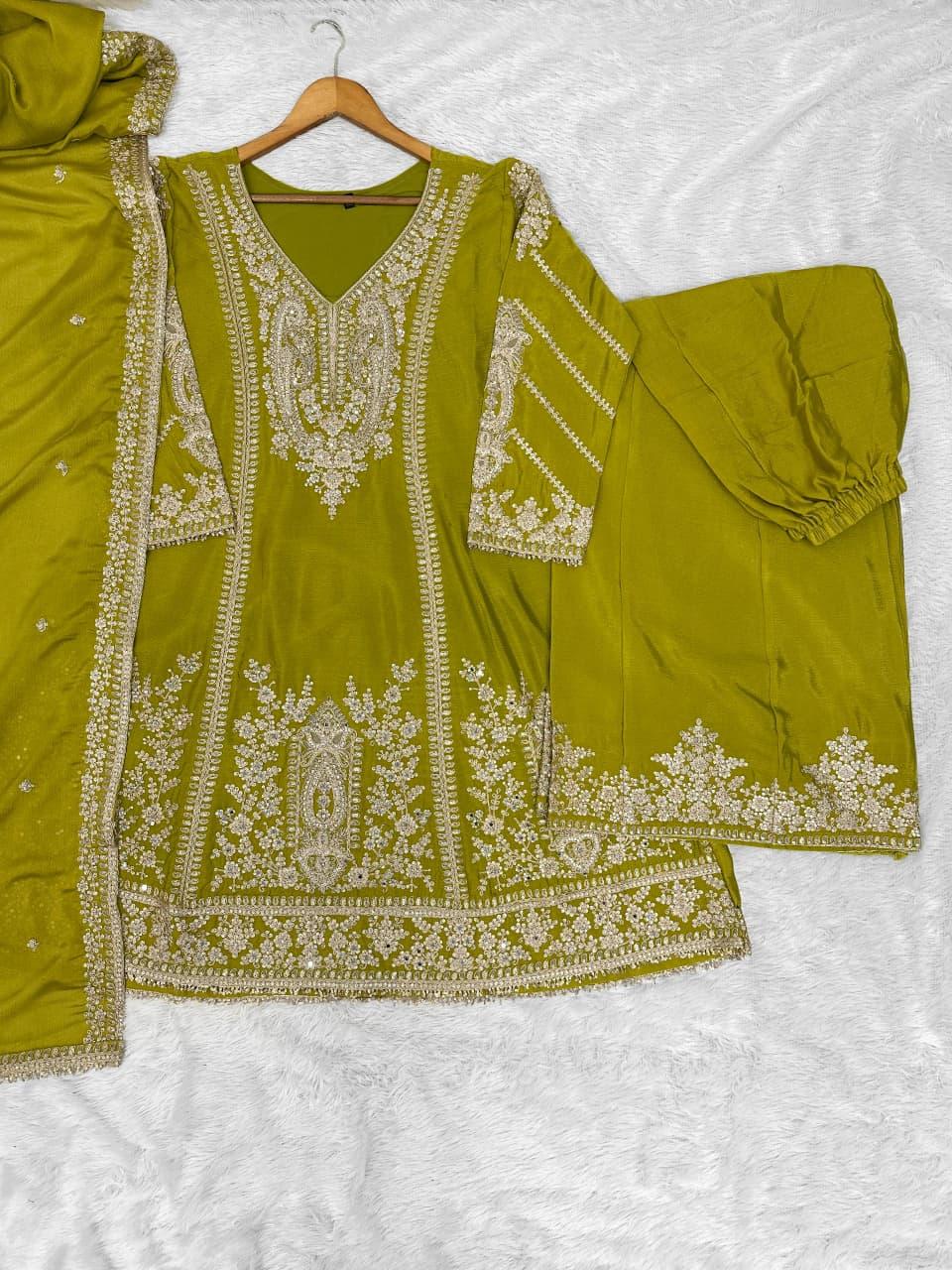 Olive Embroidered Silk Kurta Set - Indya