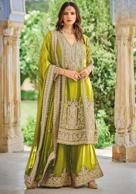 Olive Embroidered Silk Kurta Set