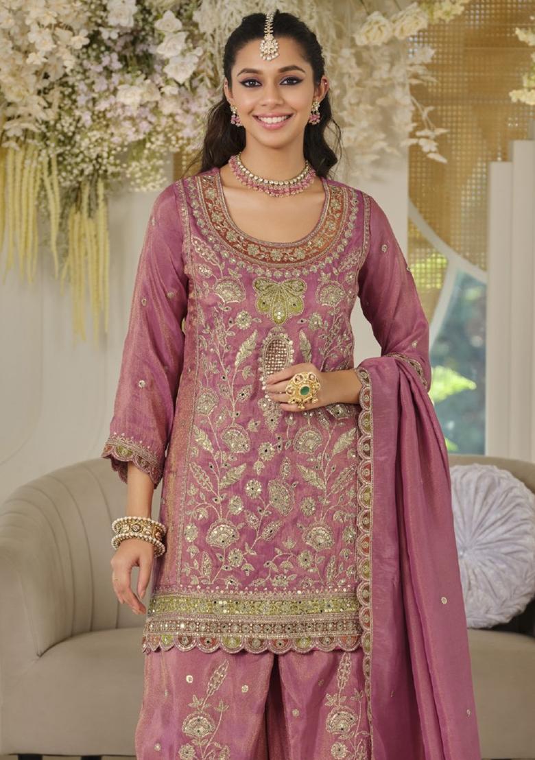 Purple Embroidered Silk Kurta Set - Indya