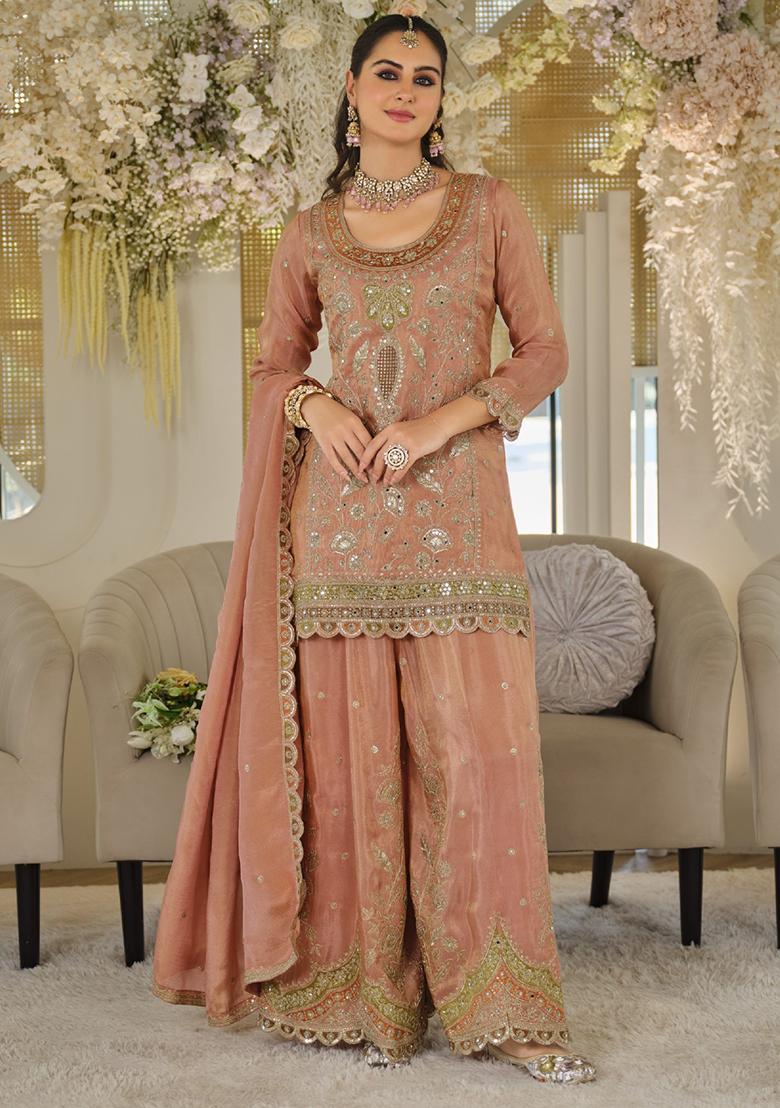 Orange Embroidered Silk Kurta Set - Indya