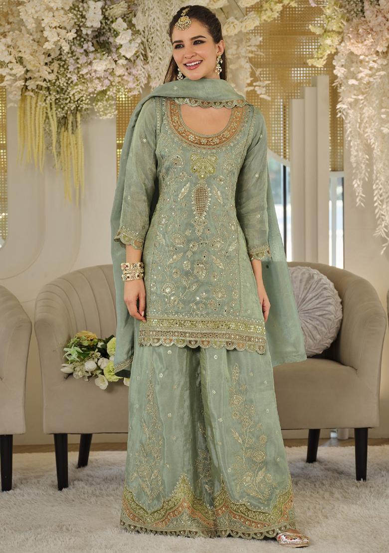 Blue Embroidered Silk Kurta Set - Indya